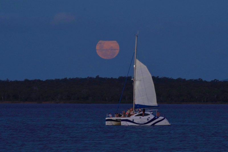 Sunset cruise on the Blue Dolphin under sail with the full moon rising in the backgroun